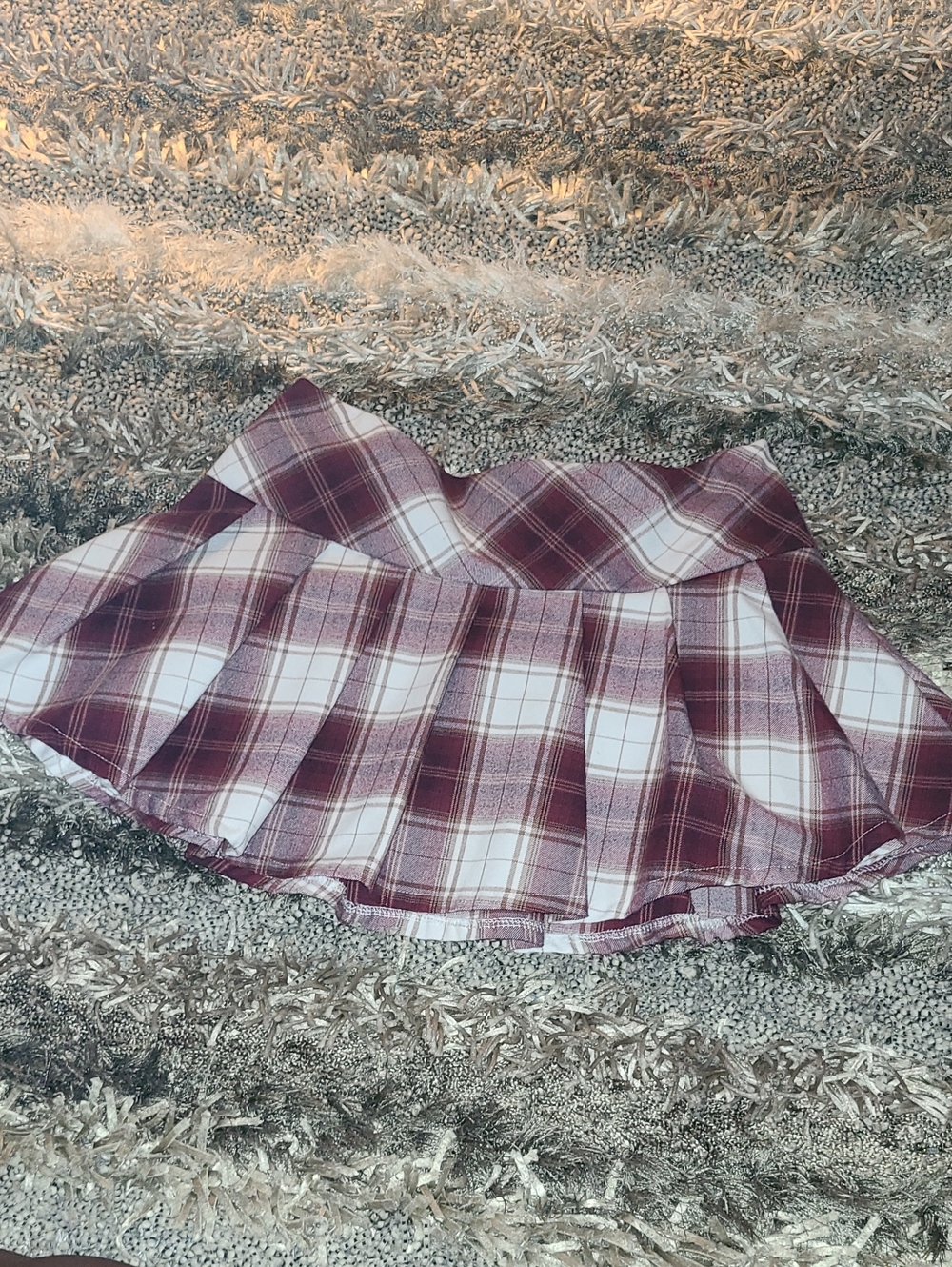 Plaid Pleated Skater Mini Skirt - Burgundy and White